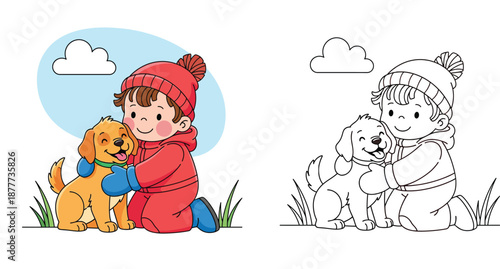 Cute cartoon boy wearing red winter hat and coat hugging happy golden puppy dog, vector illustration of child and pet friendship in nature.
