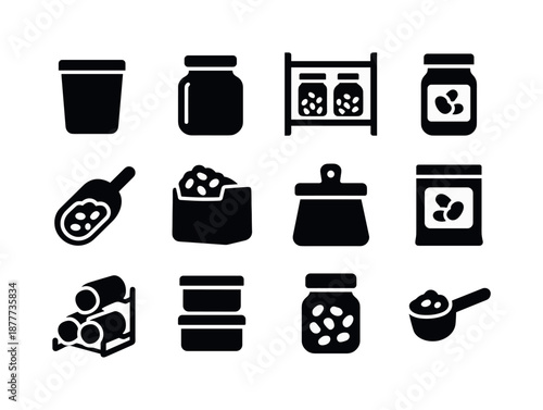 Bean Storage Icons. Bean storage. Solid icon set of Bean storage: airtight container, glass jar, pantry shelf, labeled jar, scoop, storage bin, bag clip, zip