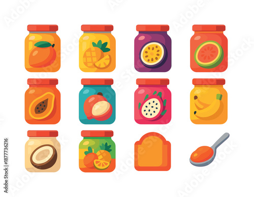 Exotic Jam Icons. Exotic jam. Colorful flat vector icons set of exotic jam: mango jam, pineapple jam, passionfruit jam, guava jam, papaya jam, lychee jam,