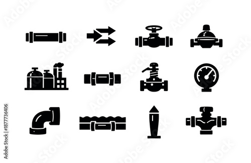 Gas Pipeline Icons. Gas pipeline. Solid icon set of Gas pipeline: gas pipeline, gas flow arrows, shutoff valve, regulator valve, compressor station, pipeline
