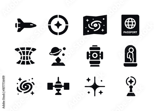 Intergalactic Travel Icons. Intergalactic travel. Solid icon set of intergalactic travel: starship, warp gate, cosmic map, intergalactic passport, wormhole