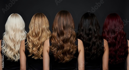 Five women displaying different hair colors from blonde to brunette to red with long wavy hairstyles against dark background for beauty salon concepts.