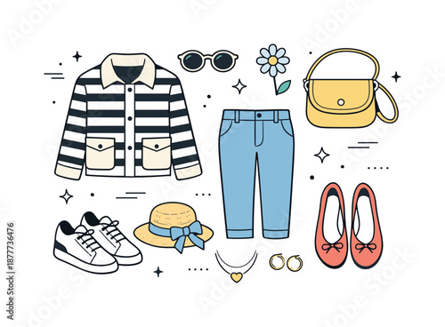 Spring Fashion Minimalism. Spring fashion minimal illustration. A curated set of spring clothing items like shoes, jacket, and accessories arranged neatly. The