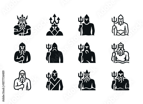 Atlantean Logo Variations. Atlantean myth. Icon set. Set Logo of Atlantean myth: ocean guardian statue. harmonious logo variations: Symmetrical form, Abstract