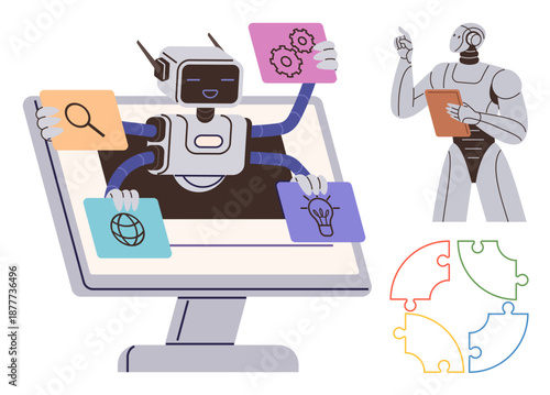 Artificial intelligence, technology, robotics, automation, problem-solving, innovation. Robot with multiple arms holding task icons and another robot analyzing data. Artificial intelligence