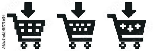 Digital icon set featuring shopping cart symbols with add to cart arrows and a pixelated option for online retail