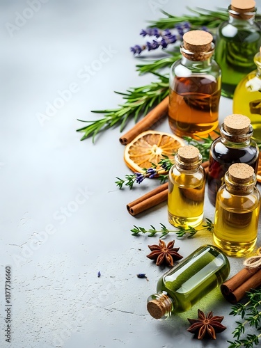 Natural essential oils in glass bottles with herbs, spices and dried citrus on textured background for aromatherapy, wellness and spa treatments.