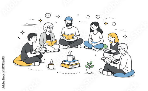 Cozy Reading Circle. Reading club meeting. People gathered in a cozy circle reading and listening attentively. Sense of community and quiet focus around books.