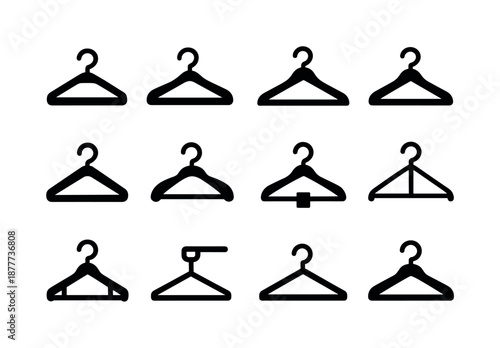 Heavy-Duty Hanger Icons. Heavy-duty hangers. Solid icon set of heavy-duty hangers: thick bar hanger, reinforced hook, wooden broad hanger, suit hanger, heavy