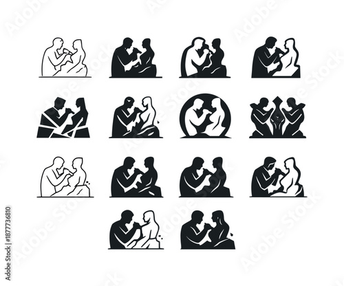 Sculptors Logo Variations. Sculptors shaping their creations. Icon set. Set Logo of Sculptors shaping their creations: sculptural form emerging from stone.