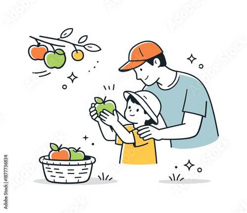 Family Apple Picking. Family apple picking learning. Adult helping a child pick an apple carefully, gentle guidance and shared discovery. Minimalist flat