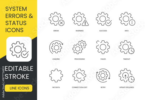 A vector icon set of system status and error states, including loading, success, failure, warning, connection issues, and update required, created in line style with editable stroke