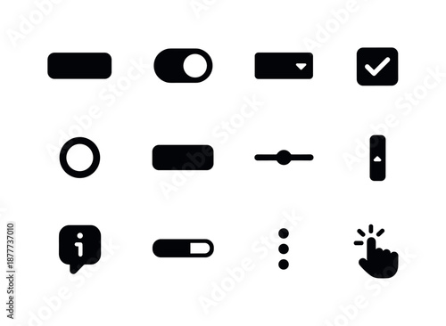 Interactive UI Icons. Interactive UI elements. Solid icon set of interactive UI elements: button, toggle, dropdown, checkbox, radio button, text field, slider,