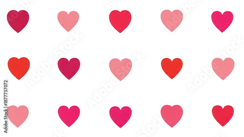 Grid of colorful pink and red romantic hearts icons, PNG with alpha channel for graphic design