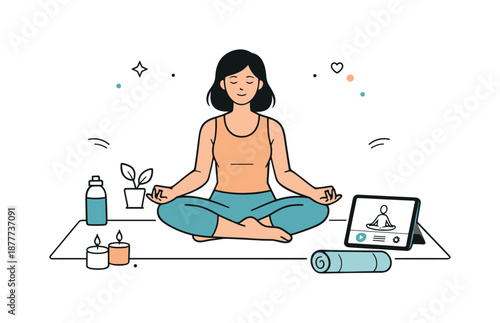 Mindful Home Meditation. Yoga set. A home practice scene with a person in a seated meditation pose, tablet nearby showing a simple yoga interface. The mood is