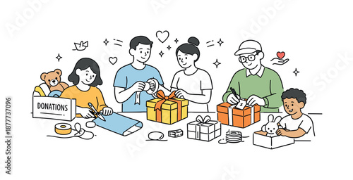 Gift Wrapping Generosity. Group wrapping gifts for those in need. Editorial scene highlighting generosity, teamwork and positive social impact through small