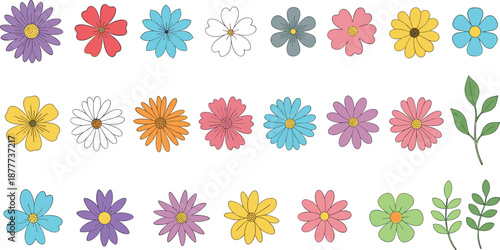 Cute colorful flower icons vector set with simple blooming floral shapes and leaves for spring, garden and decorative flat illustration design isolated on white background