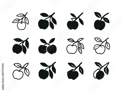 Apple Tree Logos. Apple tree. Icon set. Set Logo of apple tree: apple-bearing branch. harmonious logo variations of the same emblematic concept, each with