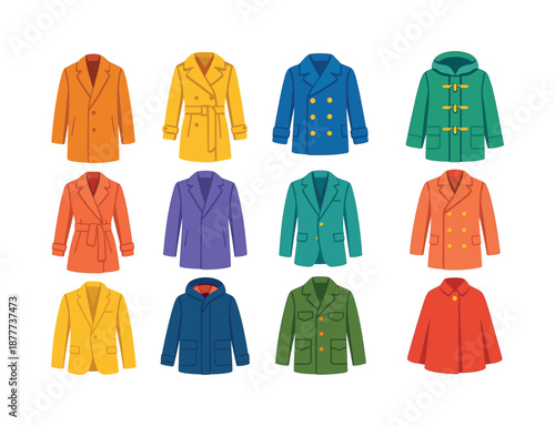 Colorful Outerwear Icons. Classic outerwear. Colorful flat vector icons set of Classic outerwear: wool overcoat, trench coat, pea coat, duffle coat, belted