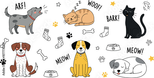 Cute dogs and cats doodle vector set with playful pets, paw prints, bones and funny sound words in hand drawn cartoon illustration style isolated on white background
