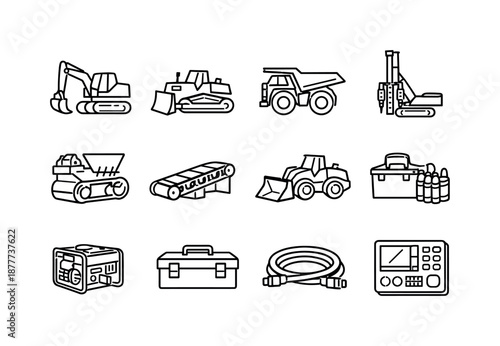 Mining Equipment Icons. Mining equipment. Line icon set of Mining equipment: excavator, bulldozer, haul truck, drill rig, crusher unit, conveyor belt, loader,