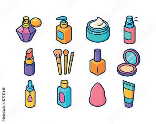 Colorful Beauty Icons. Beauty essentials. Colorful isometric vector icons set of beauty essentials: perfume bottle, lotion pump, moisturizer jar, face mist,