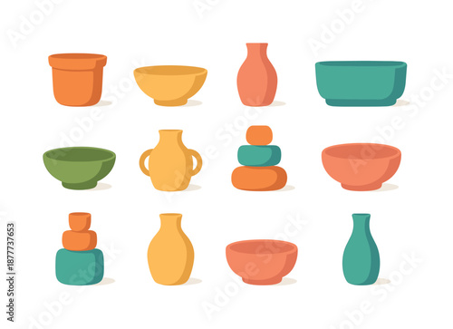 Minimalist Ceramic Icons. Minimalist Ceramic Display. Colorful flat vector icons set of Minimalist Ceramic Display: neutral pot, simple bowl, matte vase, clean