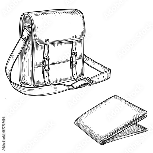 Vintage Messenger Bag and Leather Wallet Vector Sketch Illustration