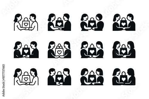 Gift Exchange Icons. happy couple exchanging thoughtful gifts. Icon set. Set Logo of happy couple exchanging thoughtful gifts: gift bag with heart symbol.