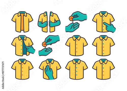 Buttoning Guide Icons. Buttoning steps. Colorful flat vector icons set of Buttoning steps: unbuttoned shirt, aligning edges, inserting button, pulling through