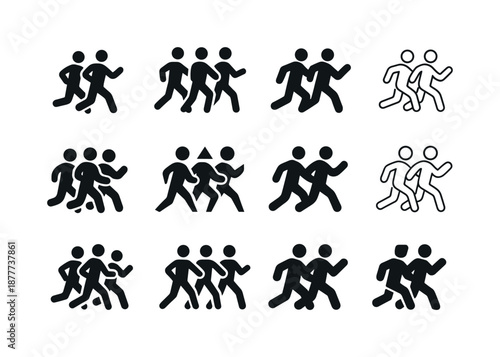 Group Fitness Icons. Group fitness. Icon set. Set Logo of group fitness: team cardio run. harmonious logo variations: Stylized detail, Symmetrical form, Flat