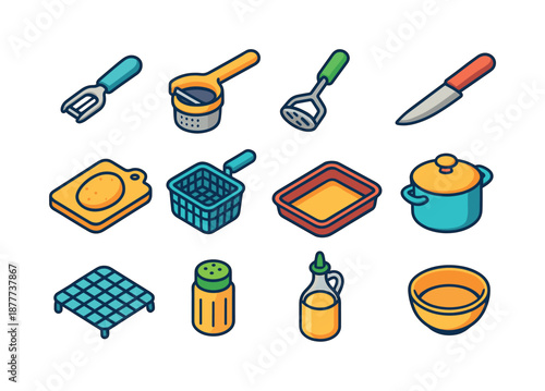 Colorful Potato Tool Icons. Potato tools. Colorful isometric vector icons set of potato tools: peeler, ricer, masher, knife, cutting board, fryer basket,
