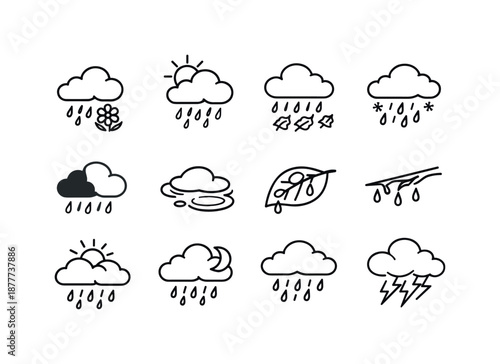 Seasonal Rain Icons. Seasonal rain icons. Line icon set of Seasonal rain icons: spring rain, summer shower, autumn drizzle, winter rain, transitional cloud,