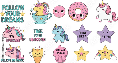 Cute unicorn quotes and kawaii characters vector set with inspirational phrases, stars, donuts and magical elements in flat cartoon illustration style isolated on white background
