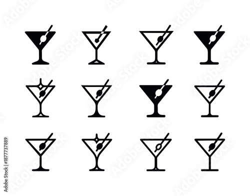 Cocktail Icon Variations. Cocktail specials. Icon set. Set Logo of cocktail specials: signature mix emblem. harmonious logo variations of the same emblematic