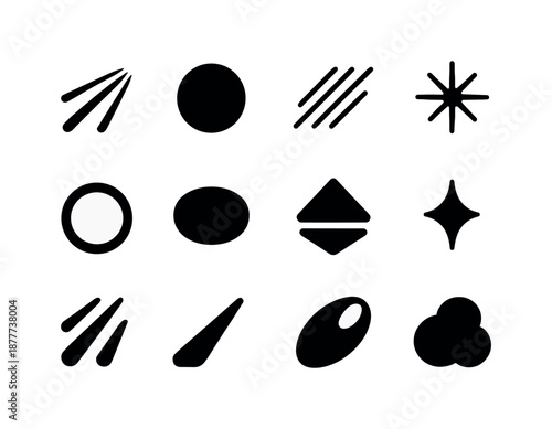 Black Light Icons. Light textures. Solid icon set of Light textures: beam streaks, soft glow, shimmer lines, radiance burst, halo ring, gradient fade, reflect