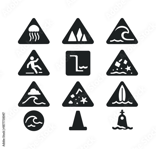 Beach Hazard Icons. Beach hazards. Solid icon set of beach hazards: jellyfish warning, sharp rocks, strong surf sign, slippery area, deep drop-off marker,