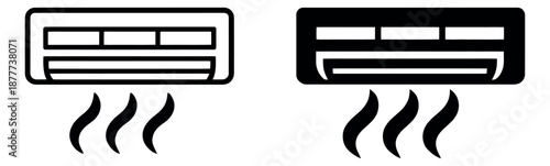 Line art and solid air conditioner icons set featuring cool air flow for climate control