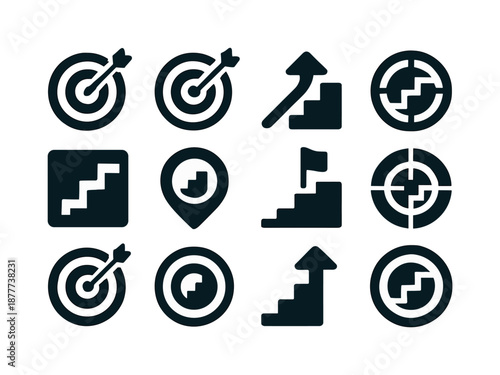 Fitness Target Icons. Fitness targets. Icon set. Set Logo of Fitness targets: Stair-step progress goal: Flat solid, Symmetrical form, Iconic shape, Abstract