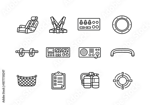 Space Capsule Icon Set. Space capsule interior. Line icon set of Space capsule interior: seat frame, harness straps, control switches, window port, footrest