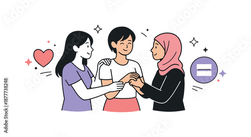 Supportive Female Unity. Female Solidarity. Two or three simple female figures interacting gently, exchanging supportive gestures with heart and equality icons