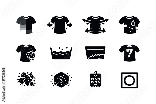 Laundry Effects Icons. Laundry wear effects. Solid icon set of laundry wear effects: faded fabric, shrinking icon, stretched fabric, color bleed
