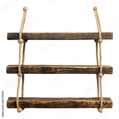 Rustic wooden shelf with rope, ready for mounting on transparent background