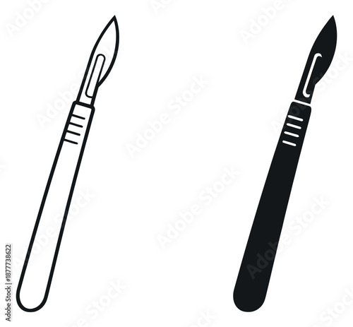 Line art and solid surgical scalpel set featuring an outline and a filled version for medical designs