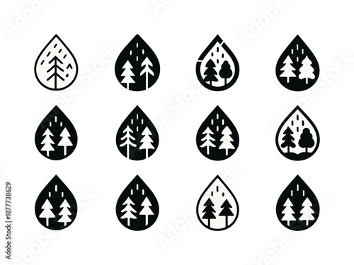 Forest Rain Icon Set. Rain showers in forests and wetland areas. Icon set. Set Logo of rain showers in forests and wetland areas: eco drop with