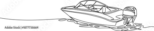 continuous line drawing of small motorboat, runabout boat line art vector illustration