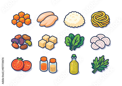 Colorful Meal Prep Icons. Meal prep ingredients. Colorful isometric vector icons set of meal prep ingredients: diced carrots, sliced chicken, cooked rice,