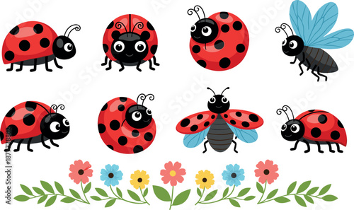 Cute ladybug insects vector set with colorful flowers and flying bugs in playful flat cartoon illustration style isolated on white background
