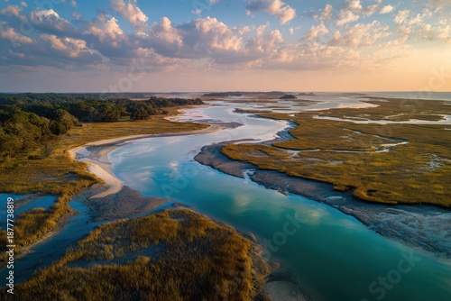 Aerial view of a tidal tributary on Bald Head Island, North Carolina during golden hour