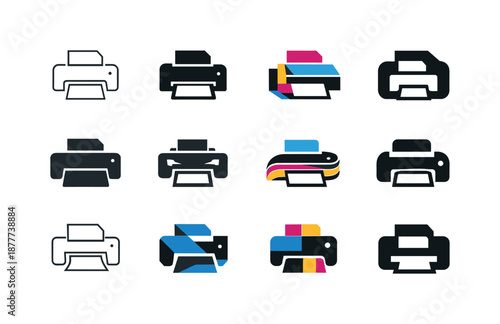 Printing Logo Variations. Printing. Icon set. Set Logo of Printing: printer machine. harmonious logo variations of the same emblematic concept, each with
